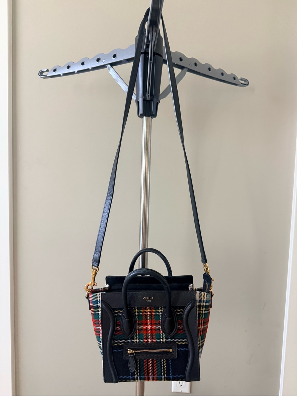 Celine Black Leather & Red Navy Tartan Luggage Bag
